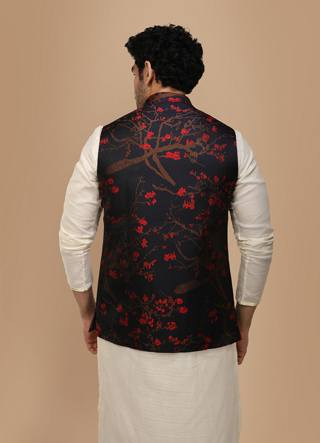 alt message - Manyavar Men Royal Blue Self Print Jacket image number 2